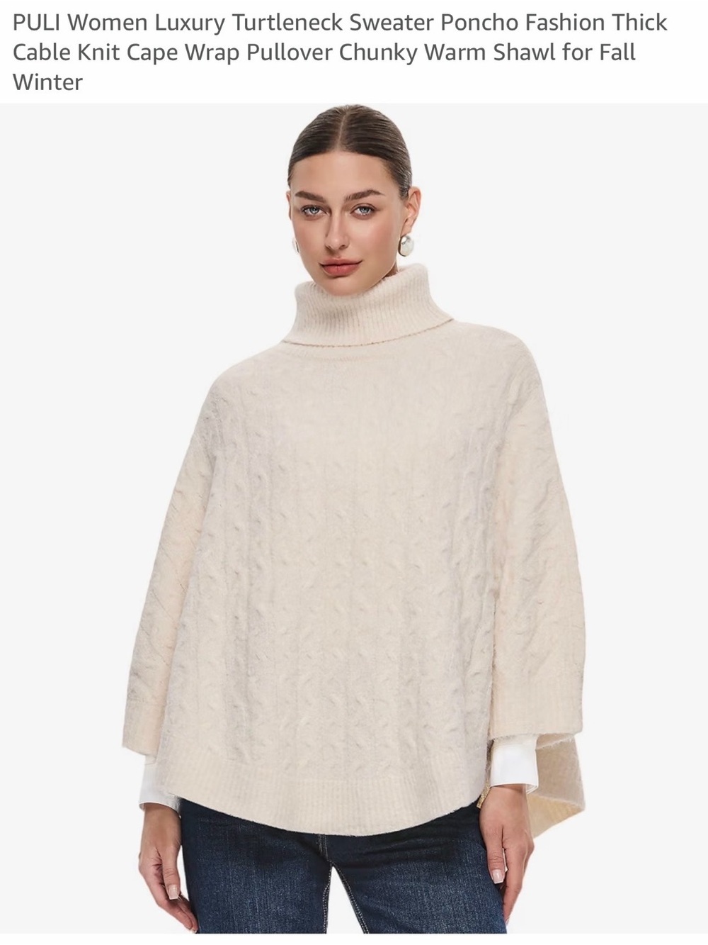 Puli Cream Cable-Knit Turtleneck Poncho NWT